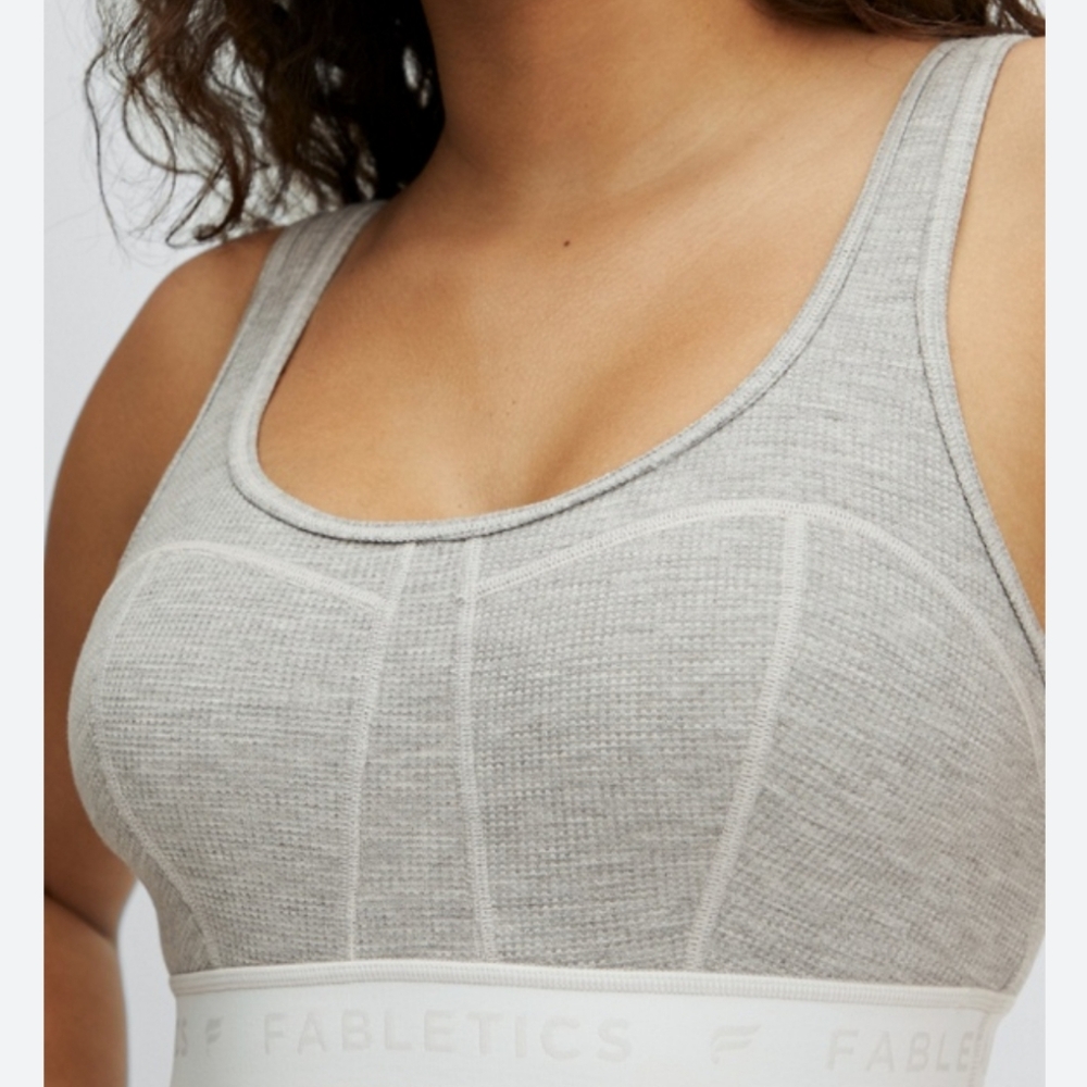 Fabletics Waffle Logo Bra in Heather Gray and White